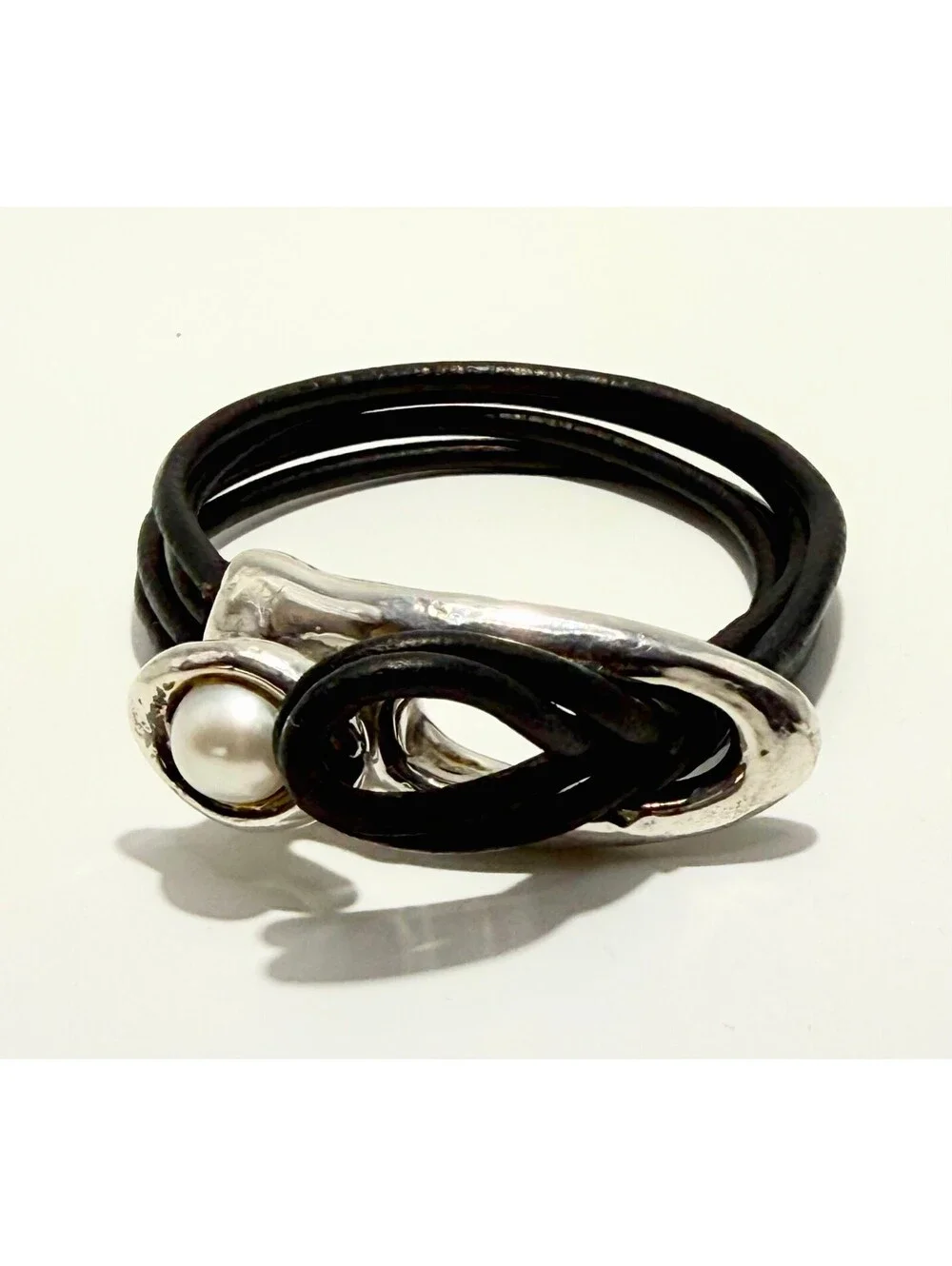 Israeli Silver & Black Leather Wrap Cuff Bracelet with Freshwater Pearl